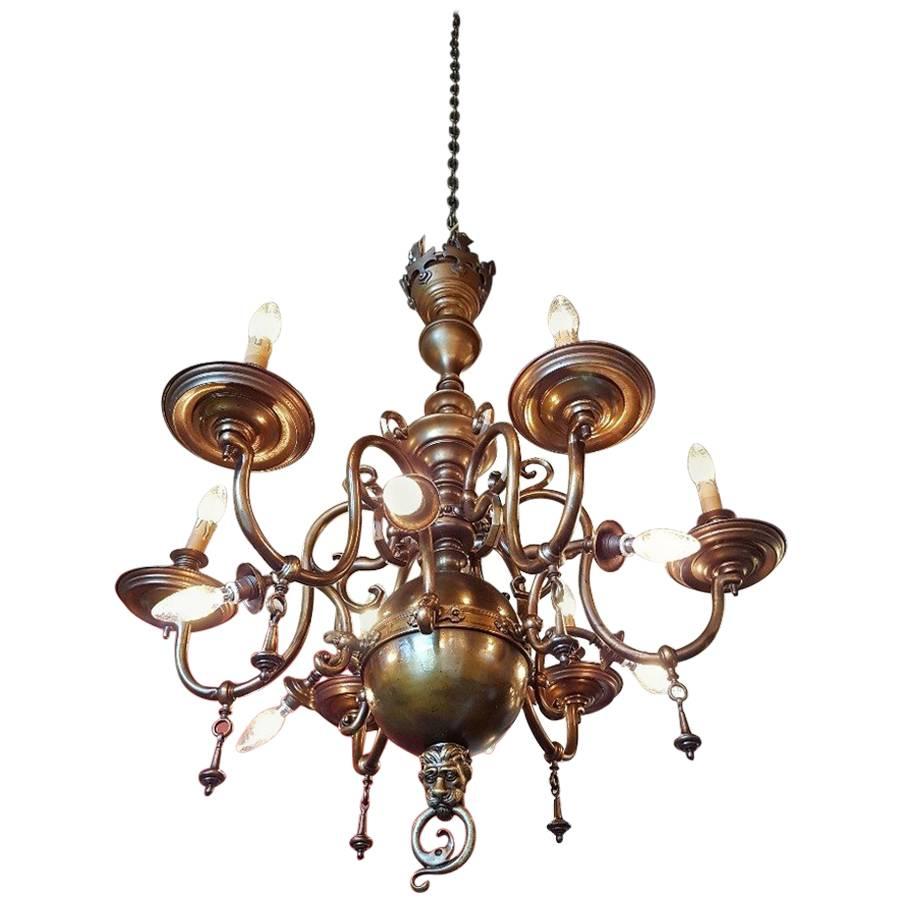 Large Bronze Chandelier, Flemish Style, Early 20th Century For Sale