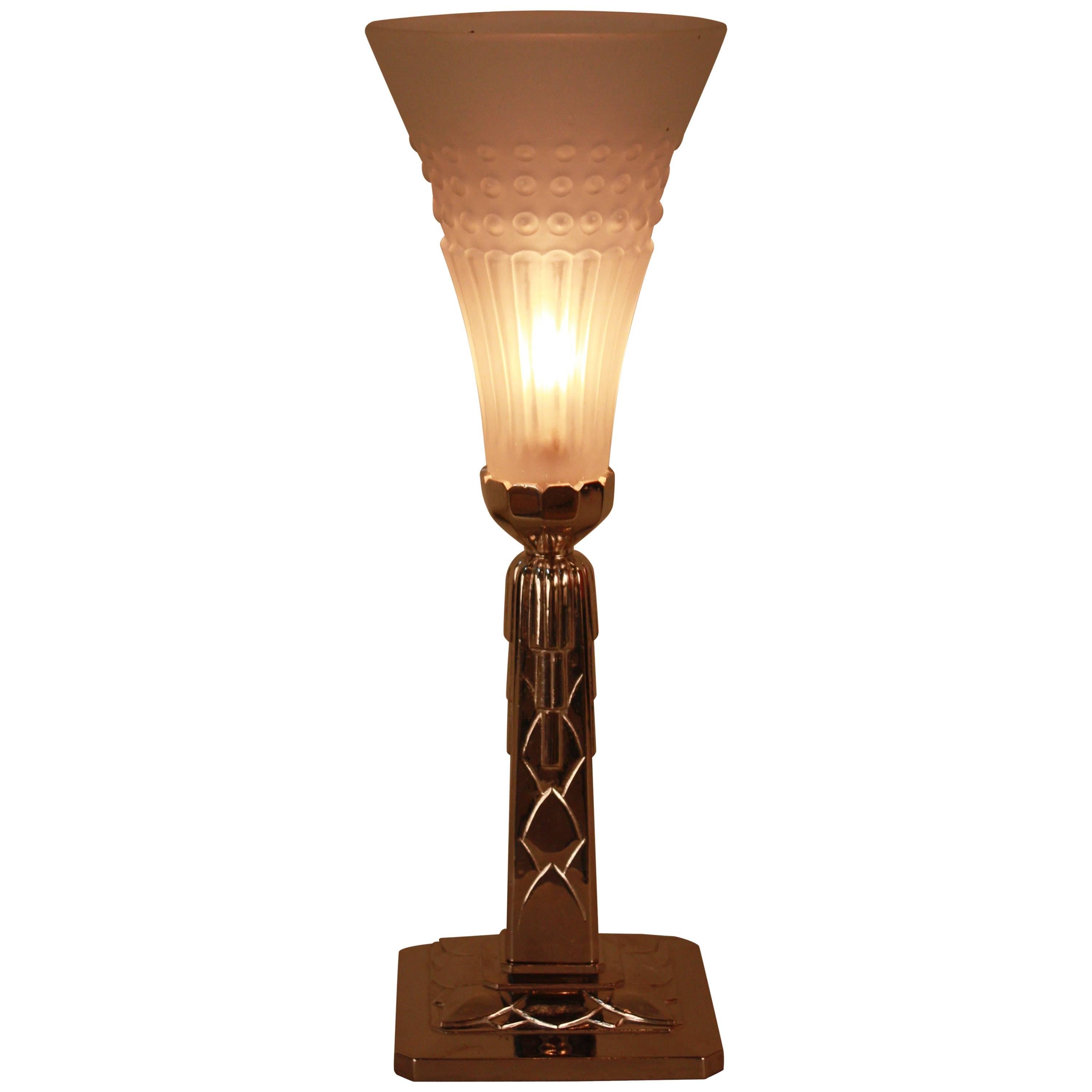 French Art Deco Nickel and Glass Table Lamp