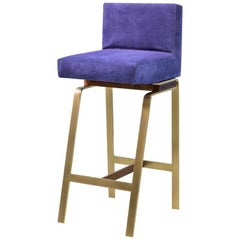 Gavilan Barstool with Back with Brass and Walnut Stool Base and Blue Suede Seat