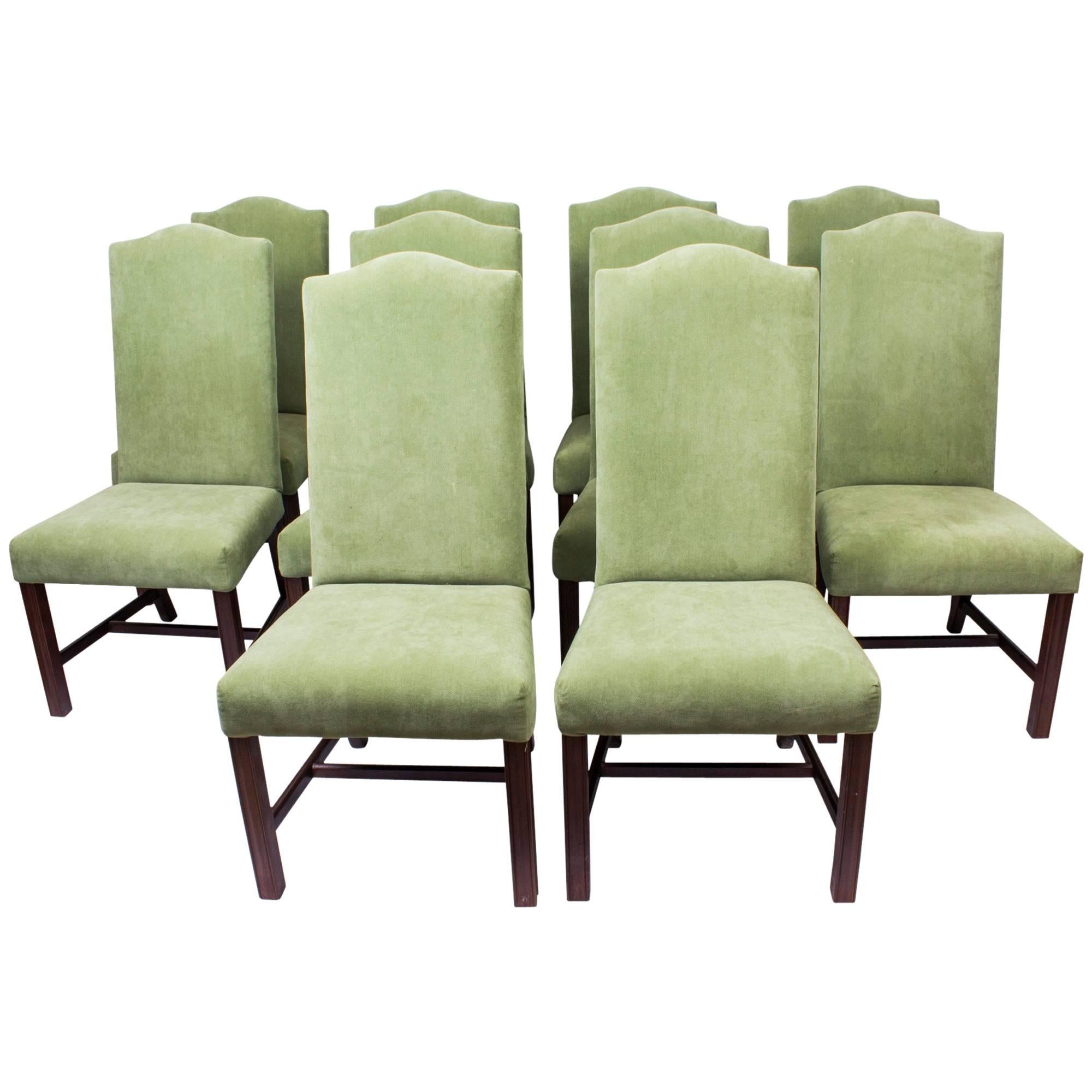 Vintage Set of Ten Mahogany Upholstered High Back Dining Chairs, 20th Century