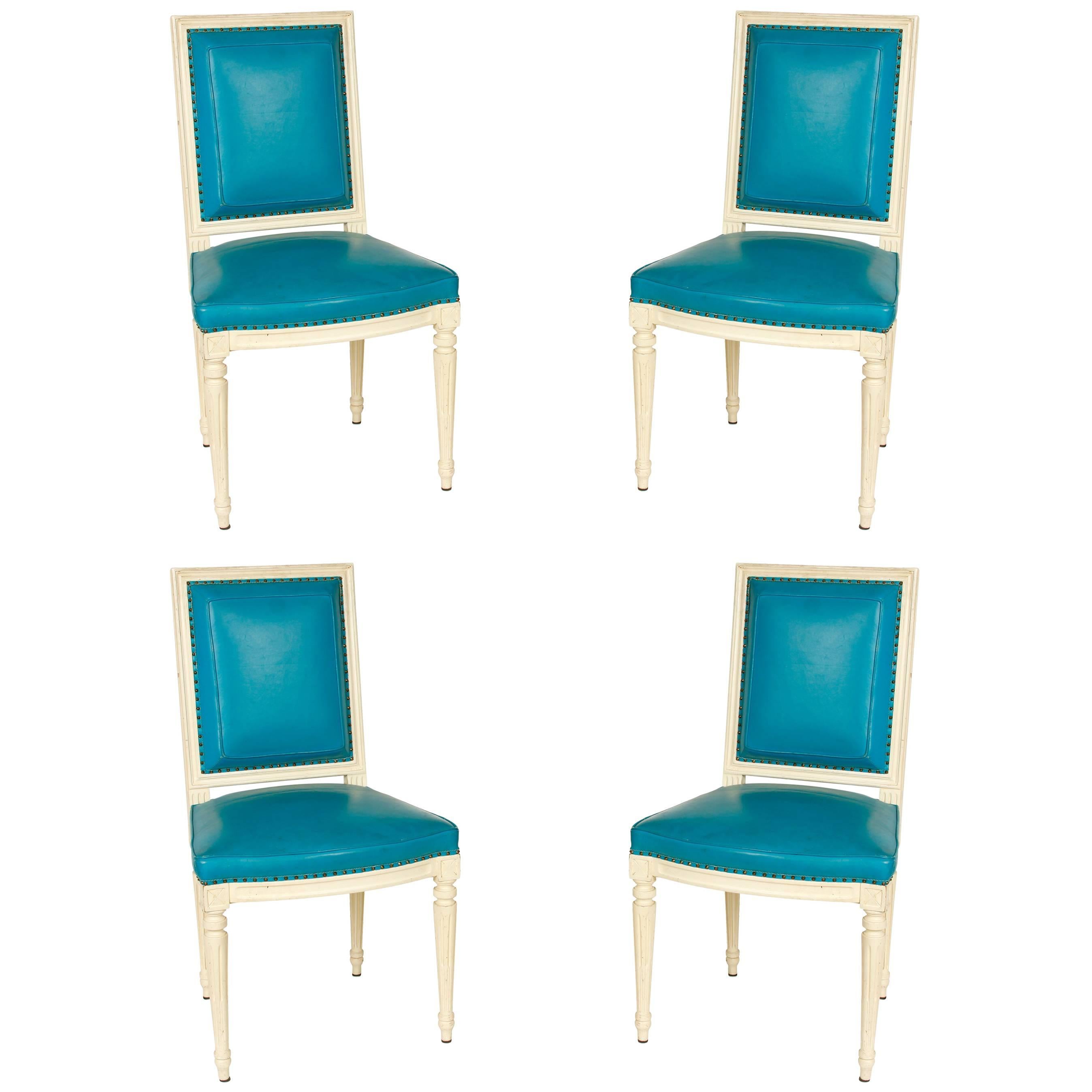 Set of Vintage Louis XVI Style Dining Chairs in Turquoise Leather