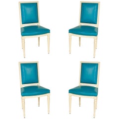 Set of Vintage Louis XVI Style Dining Chairs in Turquoise Leather