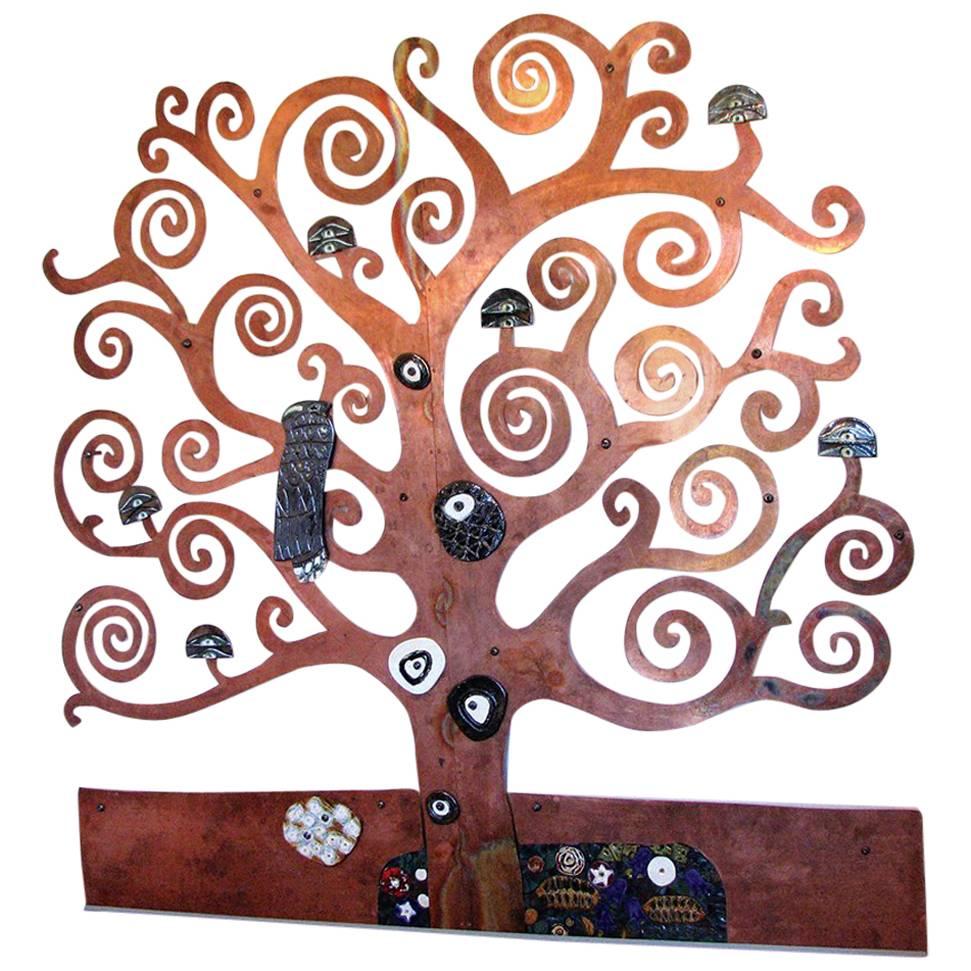 Artistic Glazed Raku Ceramic and Copper Tree-Shaped Wall Decoration For Sale
