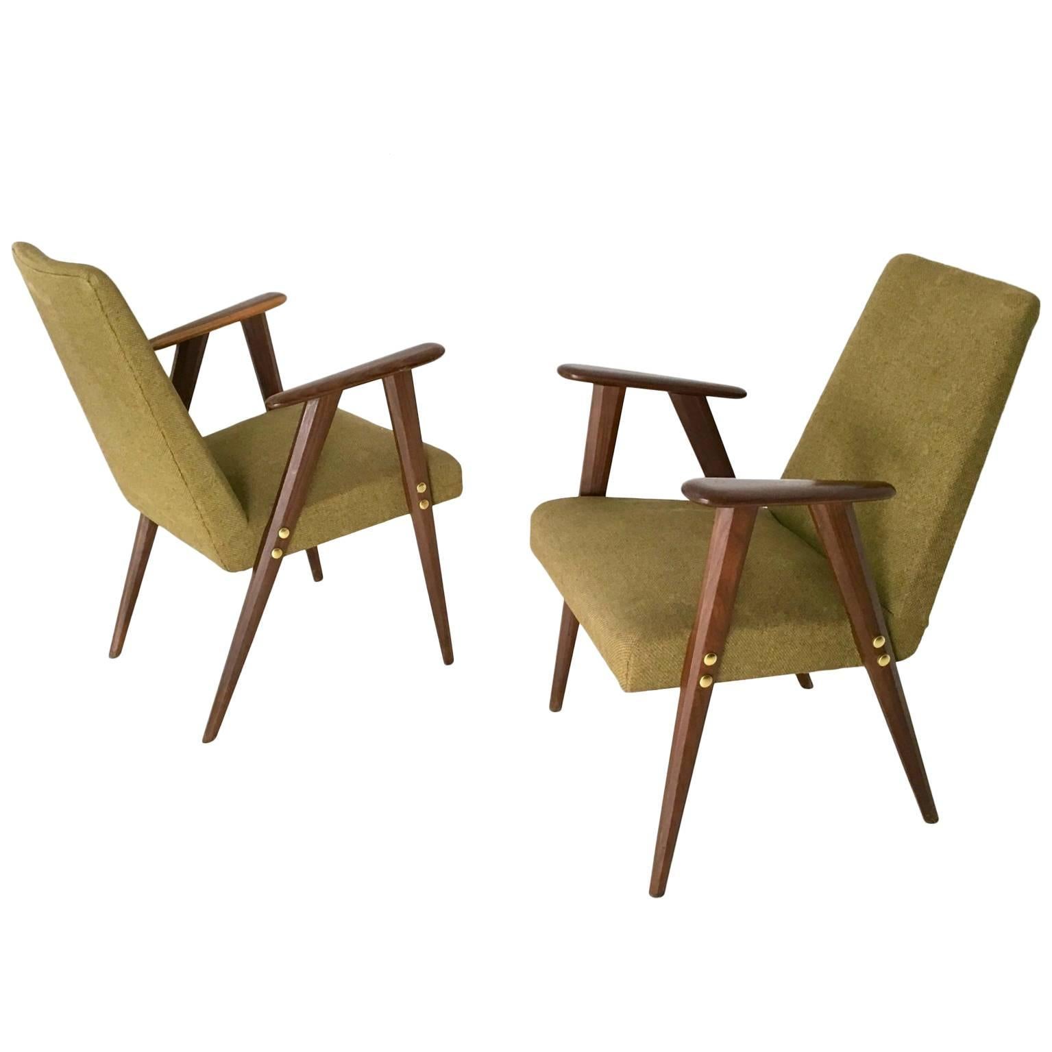 Pair of Fabric and Wood Armchairs, Italy, 1950s