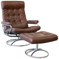 Used Brown Leather Ekornes Stressless Lounge Chair with Ottoman
