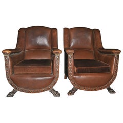 Antique Pair of Leather English Art Deco Club Chairs