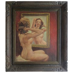 Kong Yong Oil Painting of 1950s Women Brushing Hair in Front of Mirror