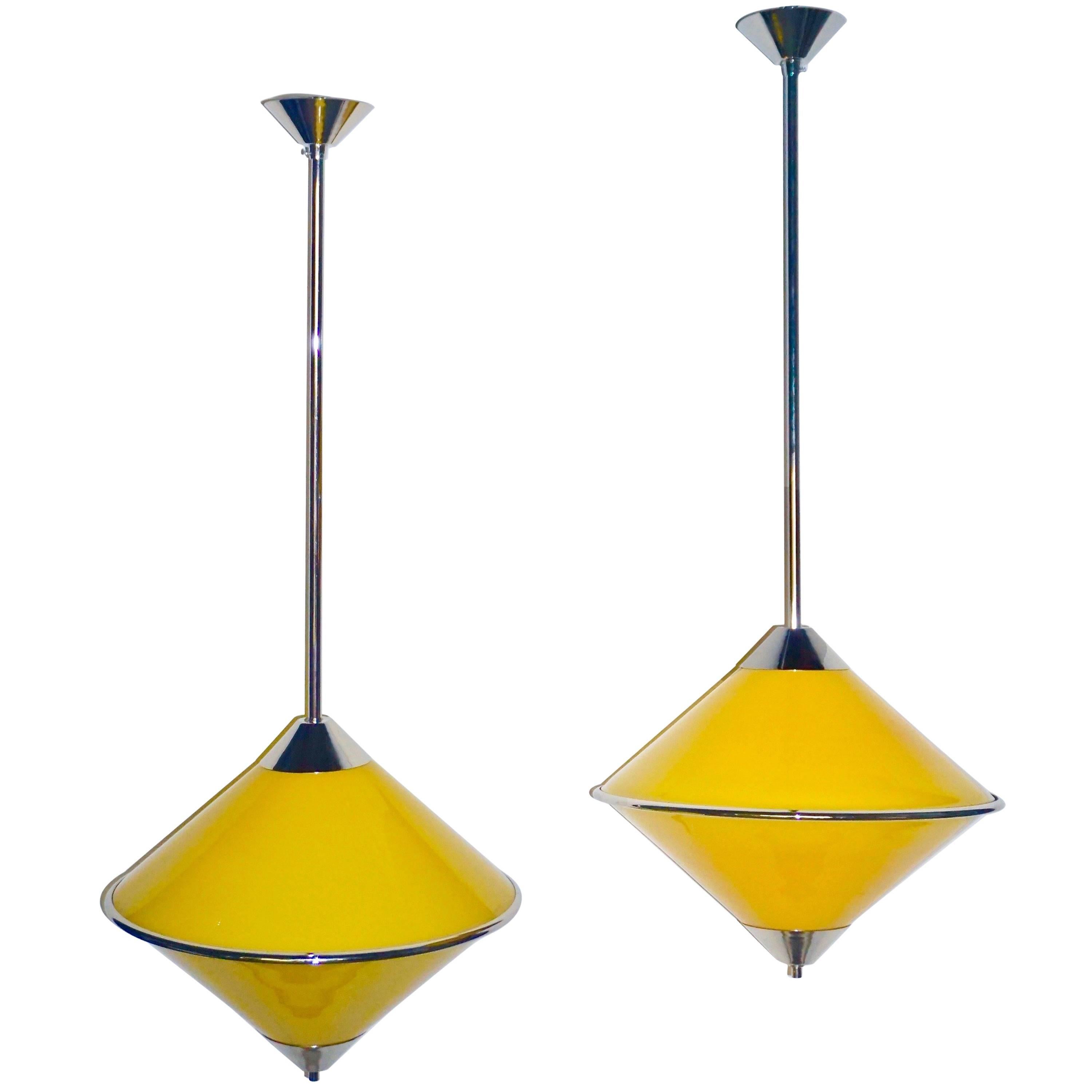 Toso 1970s Italian Chrome and Yellow Murano Glass Cone Pendants/Lanterns