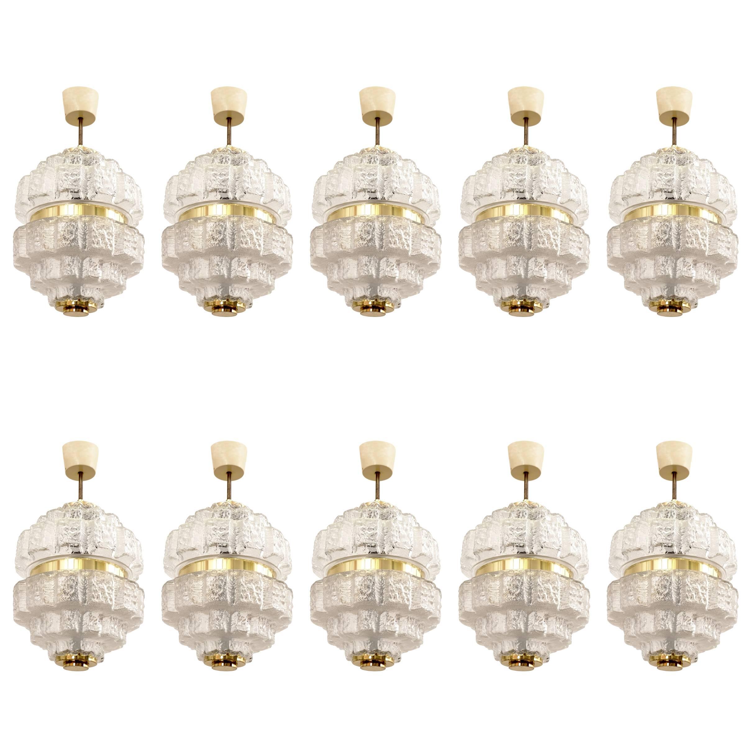 Set of Ten Crystal Glass and Brass Pendants, Sweden, 1960s For Sale