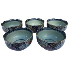 Five Japanese Hand-Painted Botanical Bowls Mint, Signed and Boxed