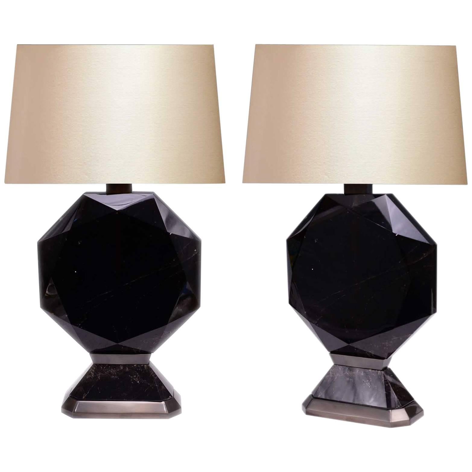 Pair of Octagon Form Dark Rock Crystal Quartz Lamps For Sale
