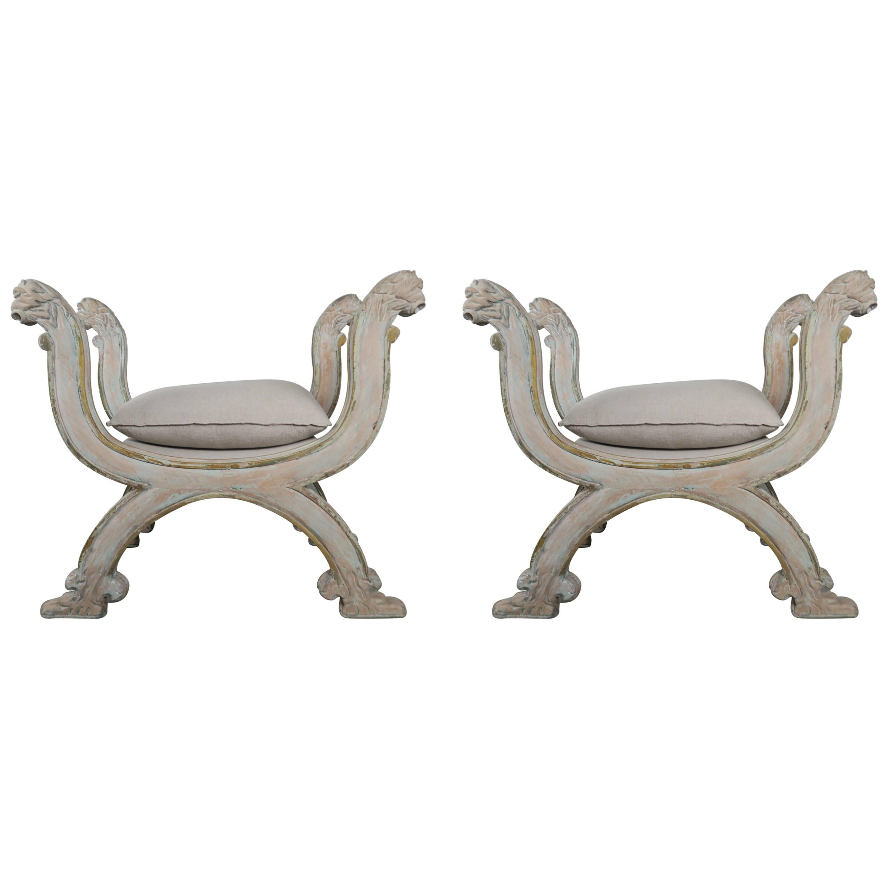 Pair of Lion Regency Style "X" Benches with Linen Seats