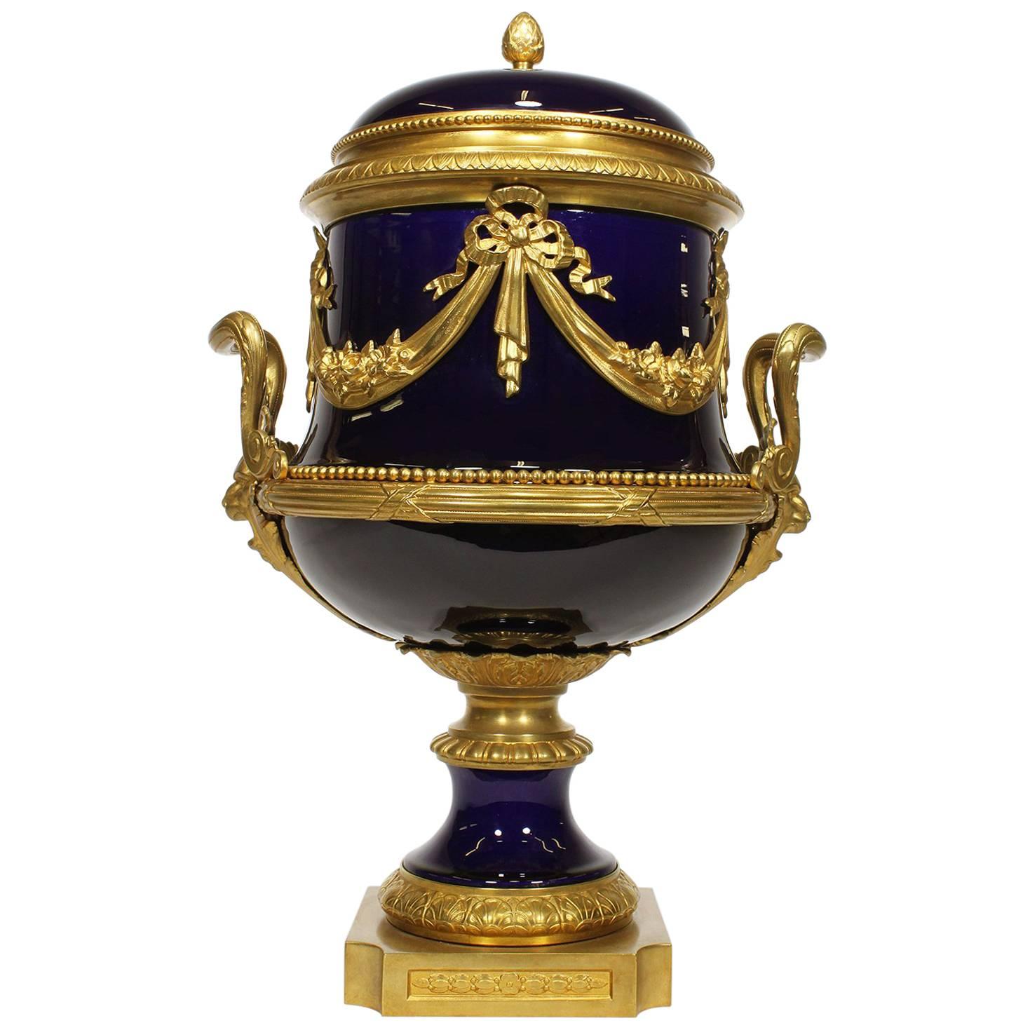 Napoleon III Cobalt Blue Porcelain & Gilt Bronze-Mounted Urn, Attr. to Sevres