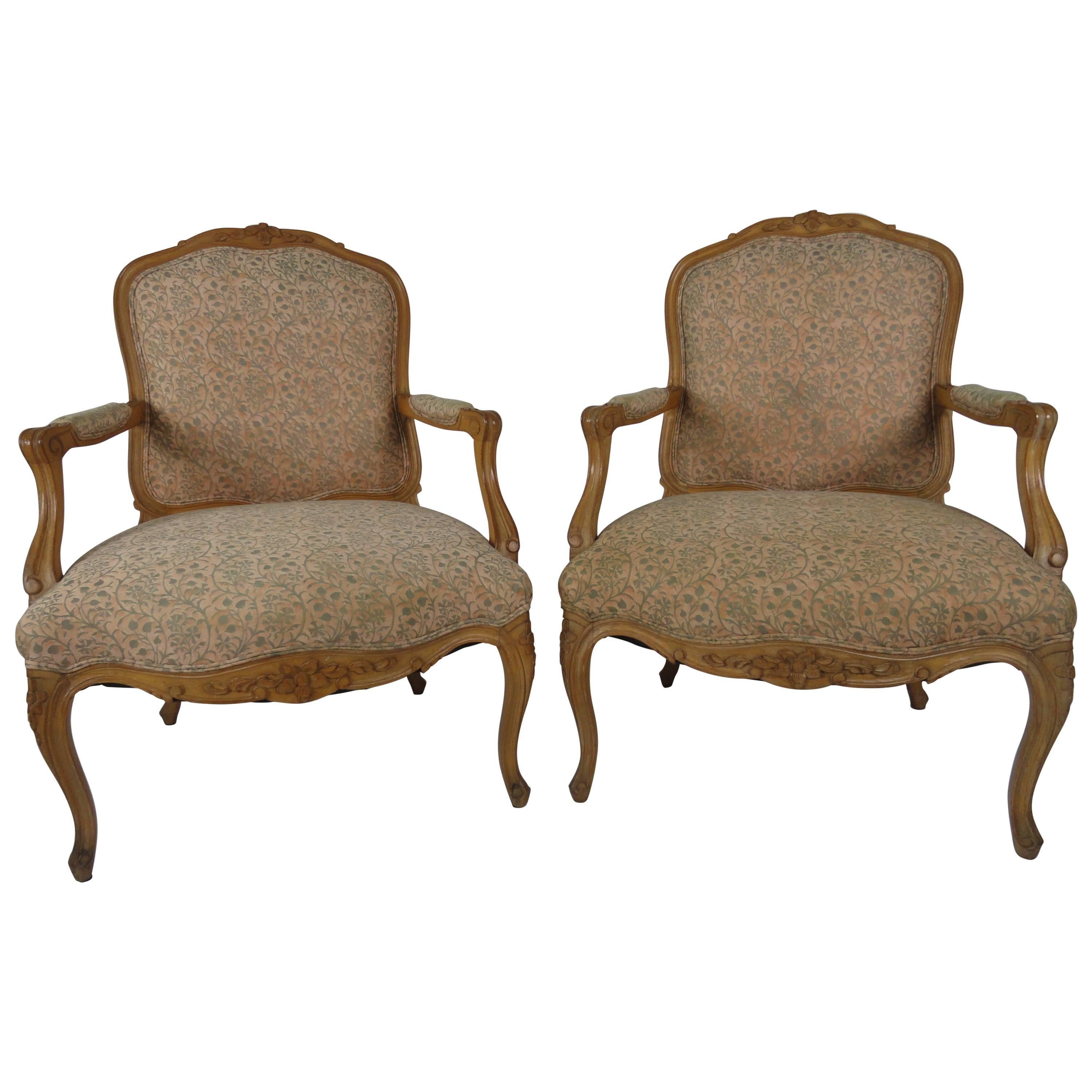Pair of Louis XV Style Beechwood Carved Fauteuils For Sale