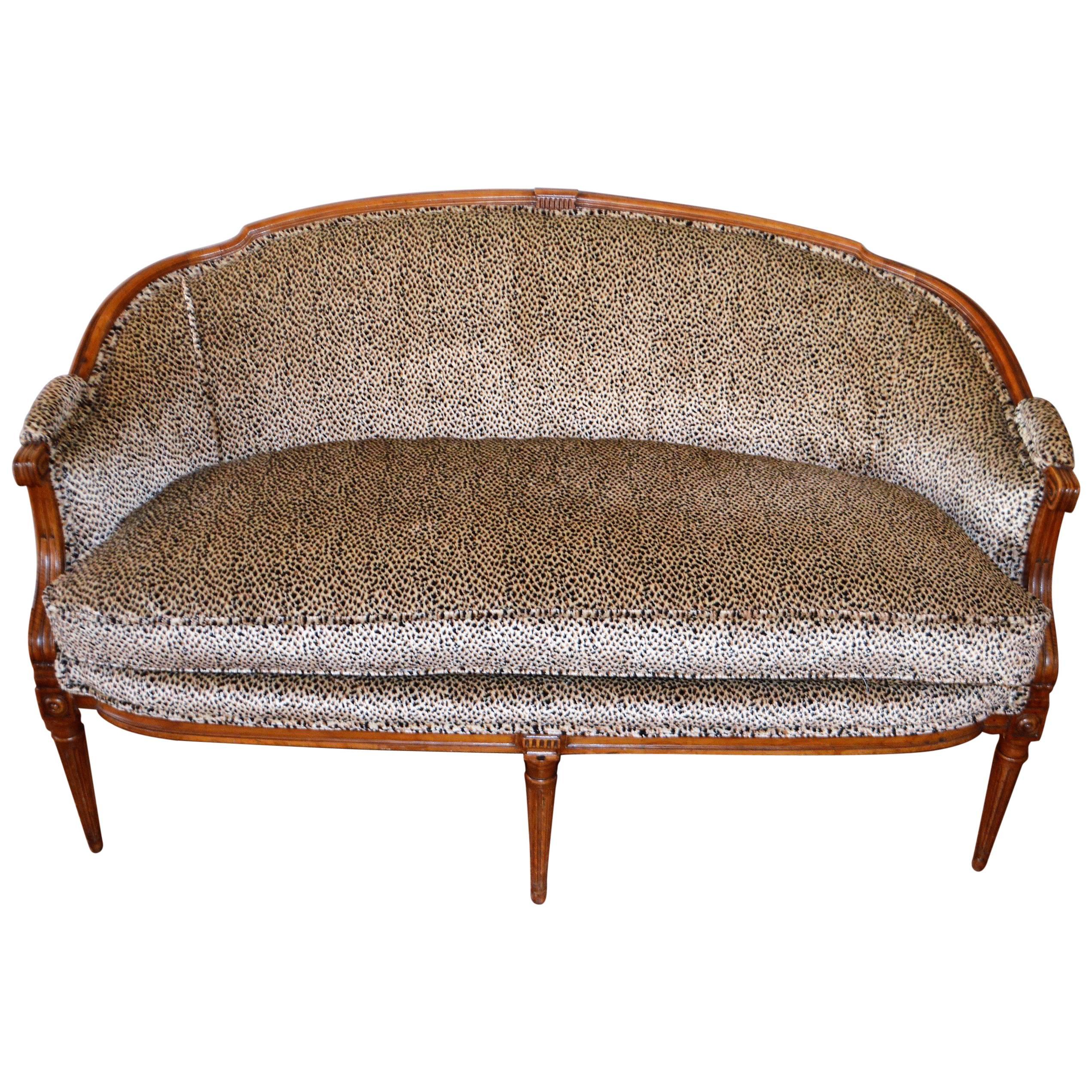 Louis XVI Style Walnut Sofa Newly Upholstered in a Leopard Pattern Chenille
