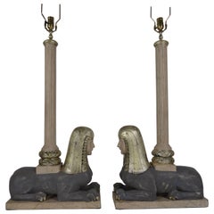 Pair of Italian Wood Sphinx Lamps in the Manner of Bugatti