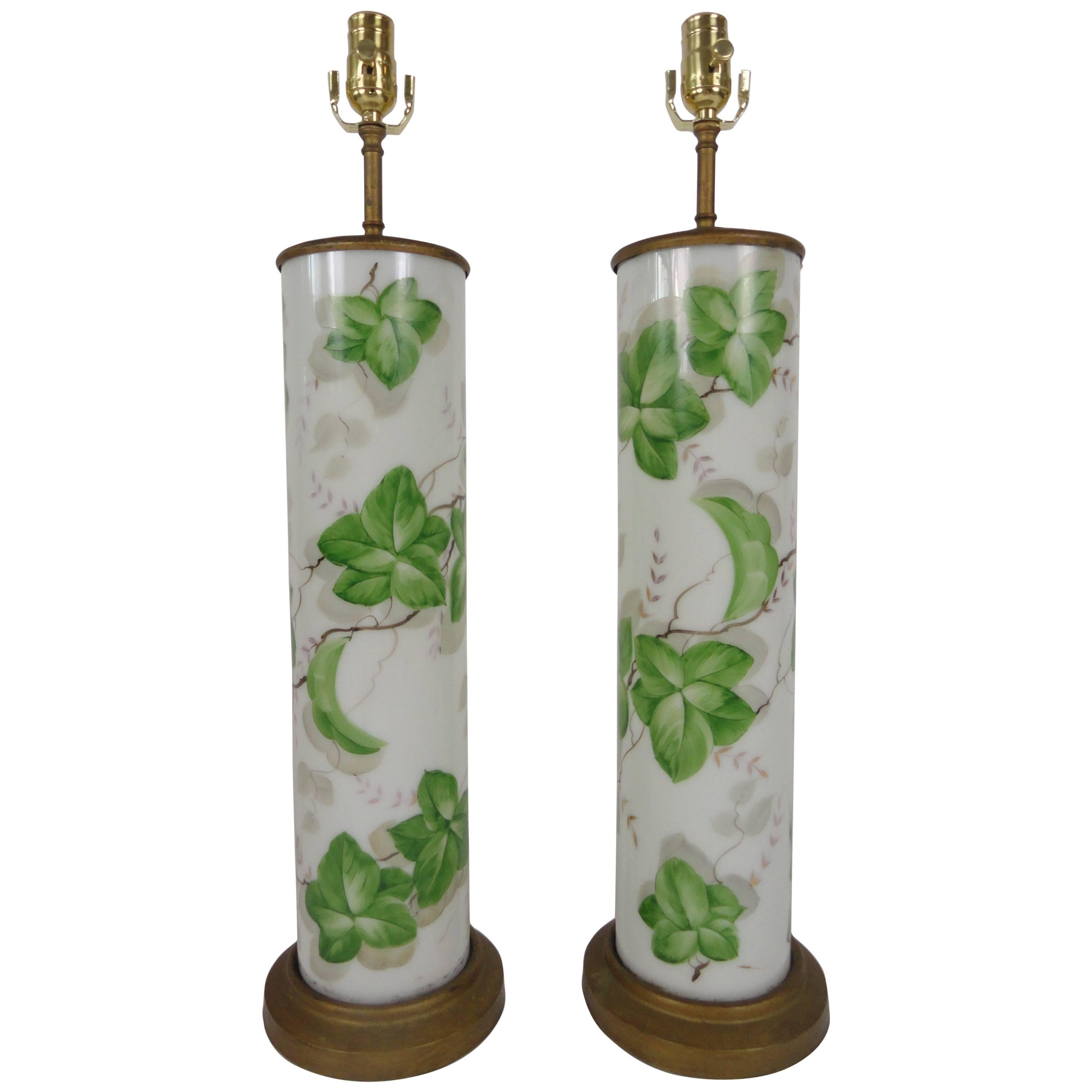 Pair of Large-Scale American Glass Painted Lamps For Sale