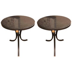 Hollywood Regency Style Pair of Marble-Top Iron Base Circular Stands End Tables