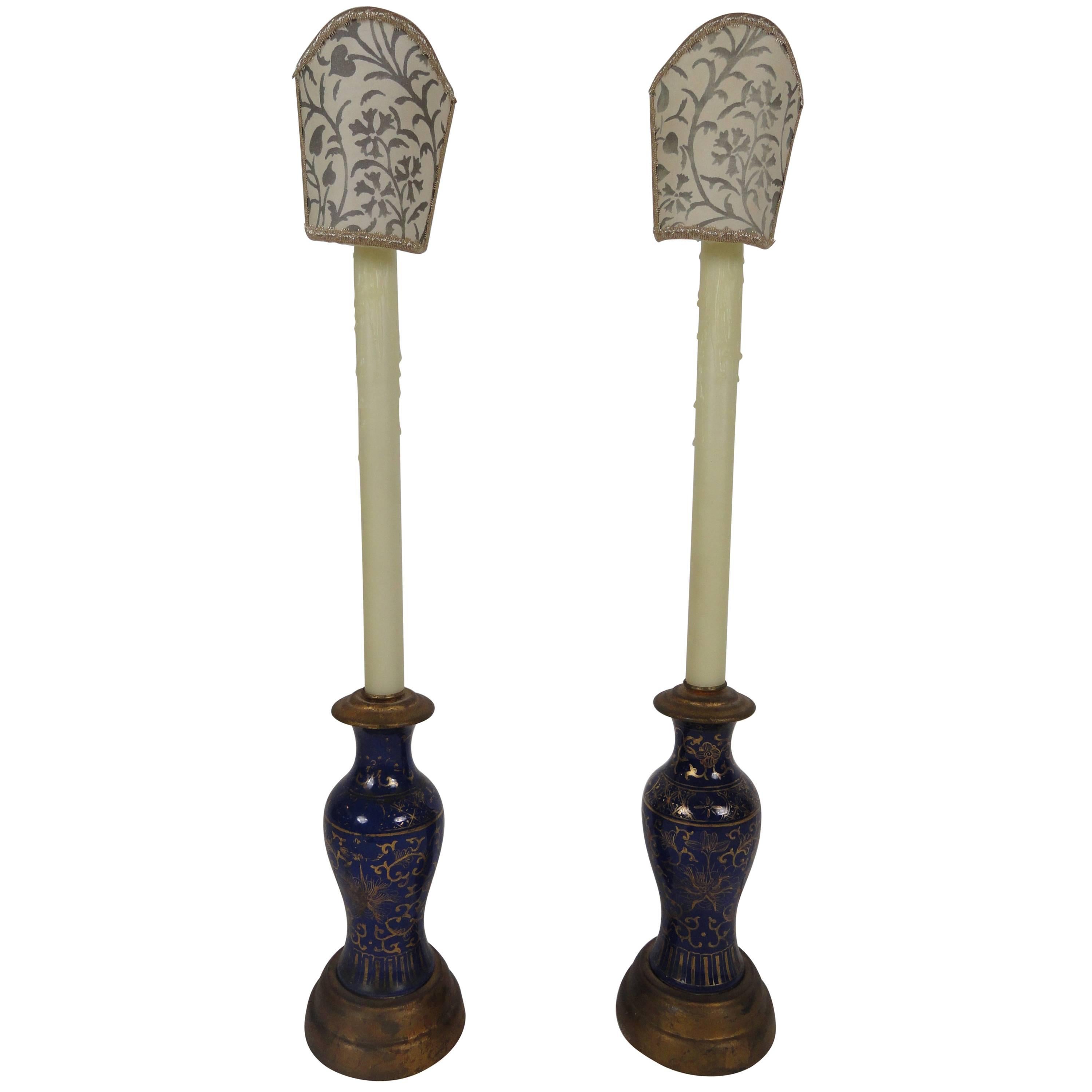 Pair of Oriental Powder Blue Candlestick Lamps For Sale