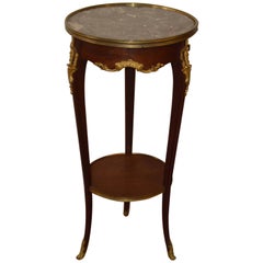 Antique Louis XV Style Mahogany Round Side Table with Bronze Accents and Marble Top