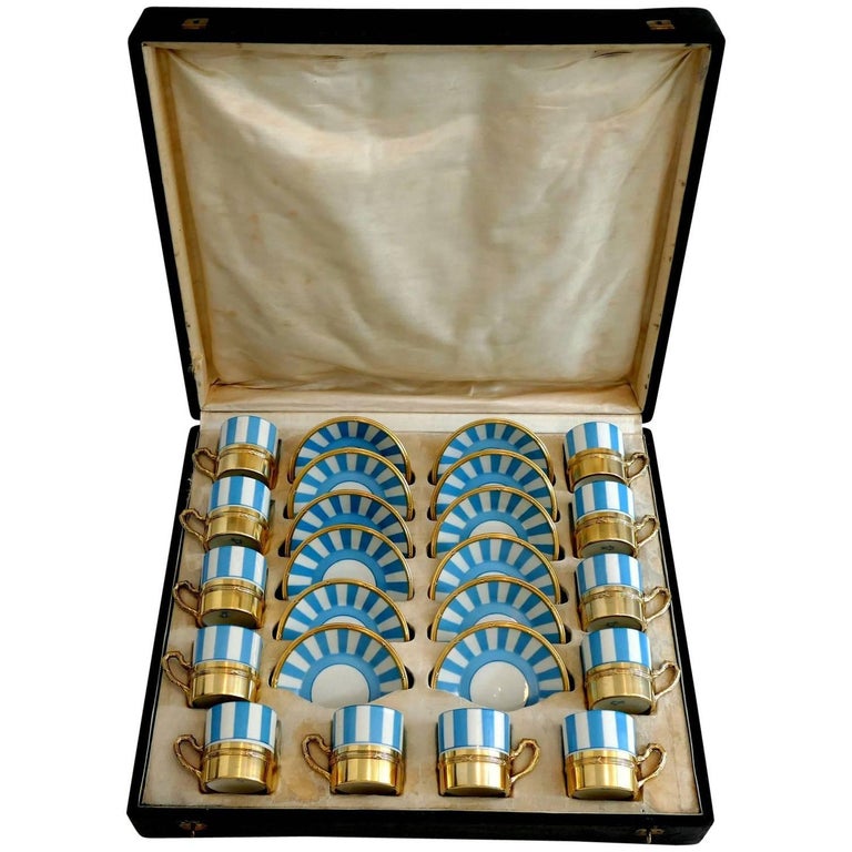 French Sterling Silver 18Karat Gold Sevres Porcelain Coffee Cups, Saucers, Box at 1stDibs