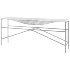 Overlin Console or Sofa Table in Solid Hewn Marble with Nickel Base