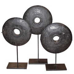 Set of Three Black Stone Coins on Stands, Indonesia, Contemporary