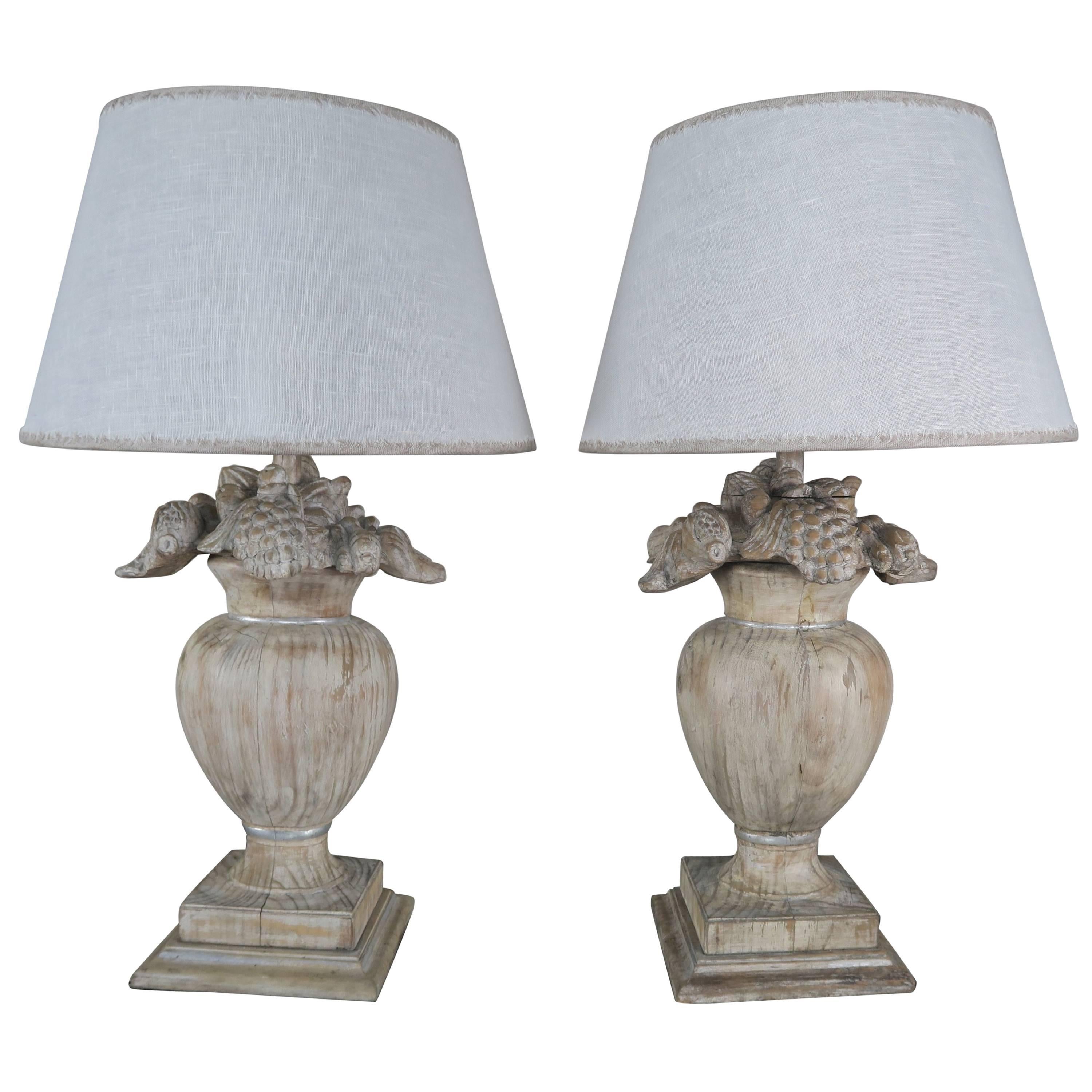Carved French Floral Urn Lamps with Linen Shades, Pair