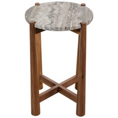 Travertine and Walnut Bronson Drinks Table by Lawson-Fenning