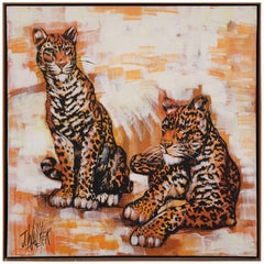 Vintage Very Realist Oil on Canvas of Two Panthers by J. Wallker