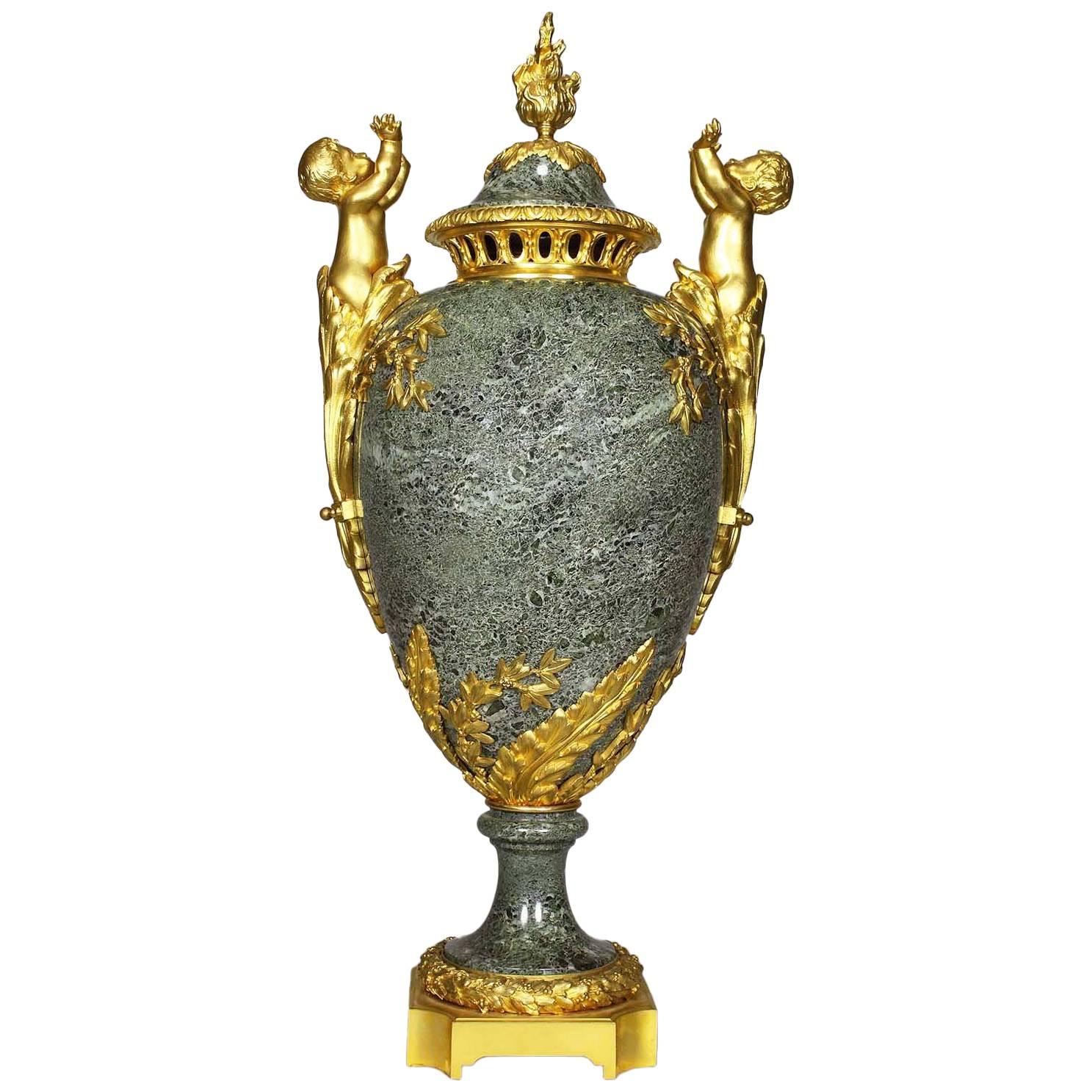French 19th-20th Century Louis XVI Style Gilt-Bronze & Marble Urn with Children For Sale