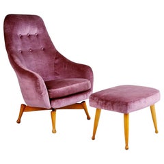 Retro Scandinavian Velvet Swivel Lounge Armchair and Ottoman, circa 1960