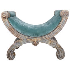 Antique French Carved Giltwood "x" Regency Style Bench with Velvet Upholstery