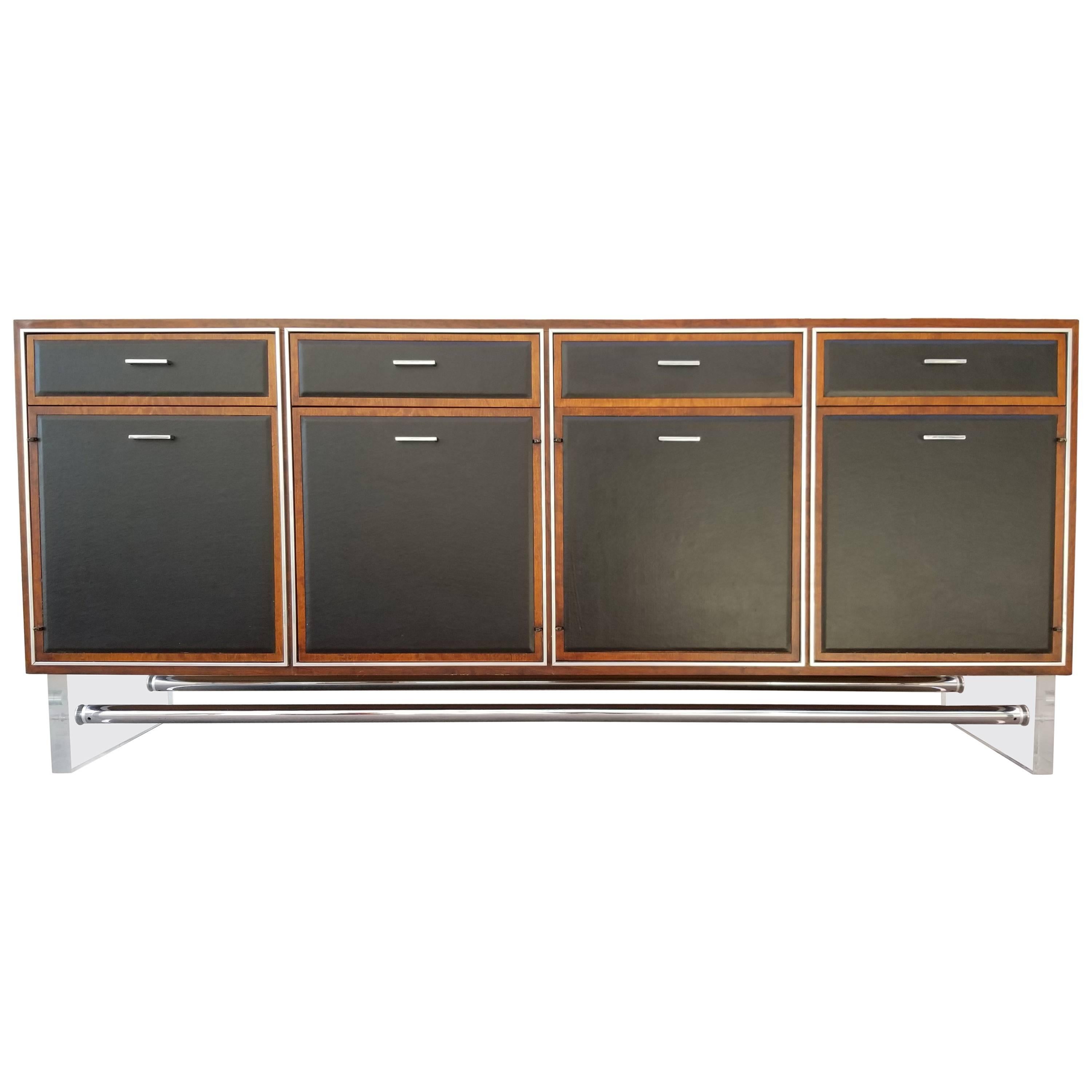Mid-Century Modern Credenza in Walnut, Lucite, Black Leather and Chrome