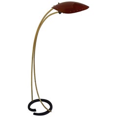 Red Midcentury Charming Arredoluce Attributed Floor Brass Table Lamp, 1950s