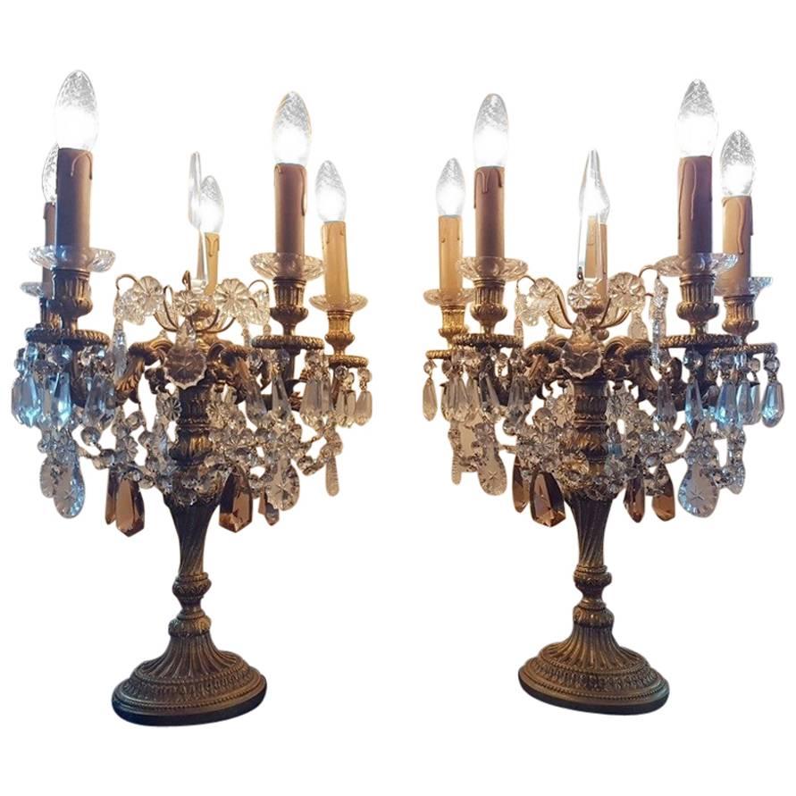 One Pair of Table Spanish Chandeliers with Crystals, Mid-20th Century For Sale