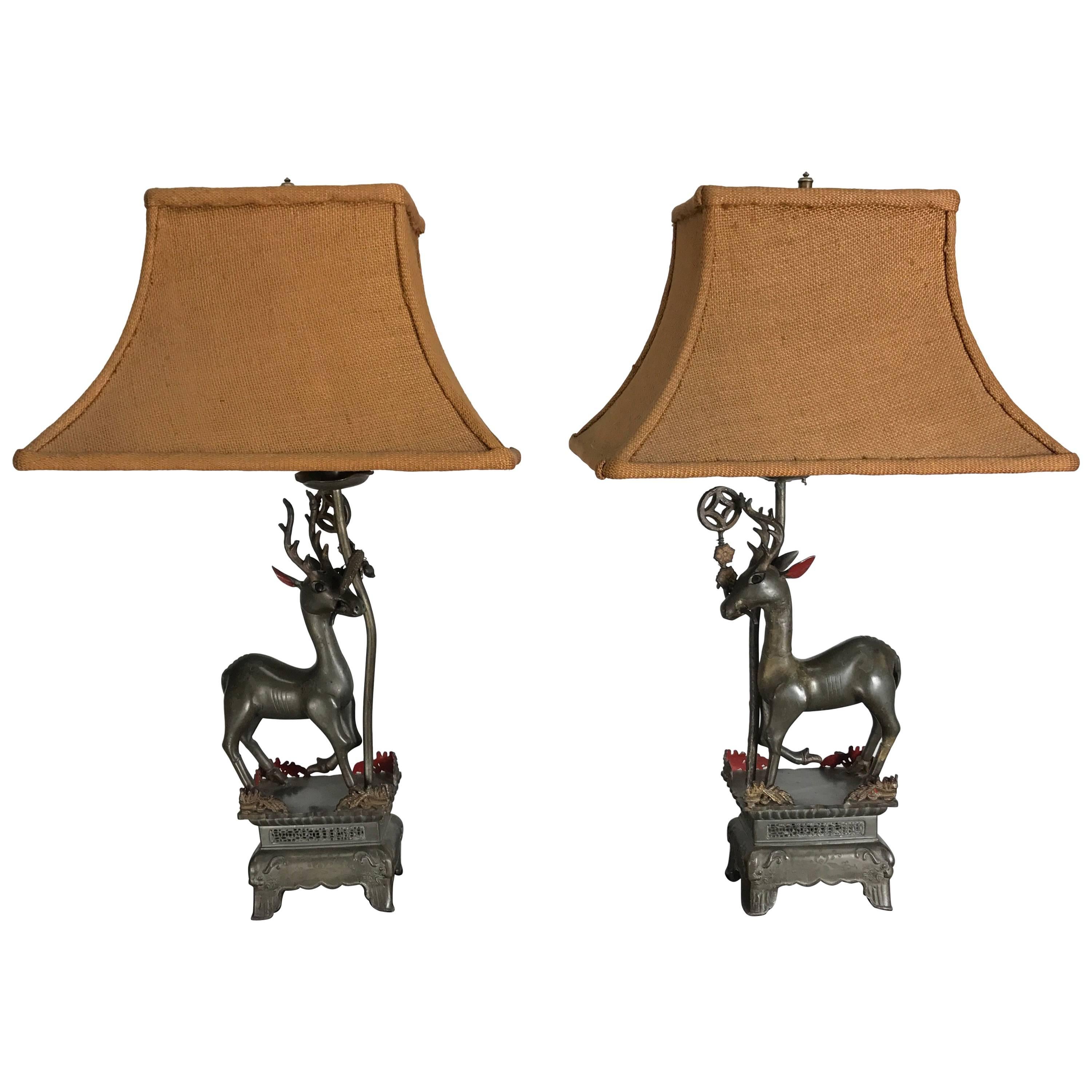 Pair of Antique Chinese Pewter Gazelle Themed Table Lamps