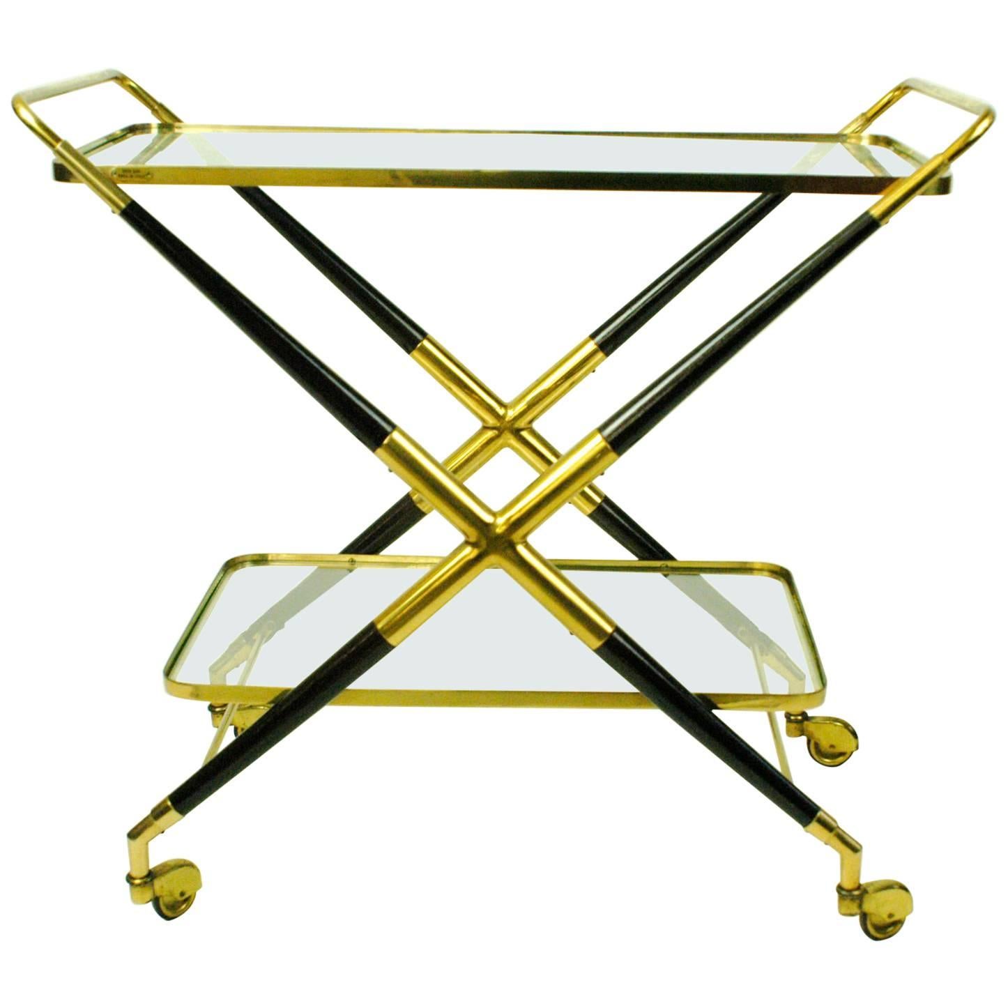 Italian Midcentury Brass and Glass Serving Trolley or Bar Cart by Cesare Lacca
