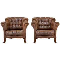 Antique Pair of Early 20th Century Leather Armchairs