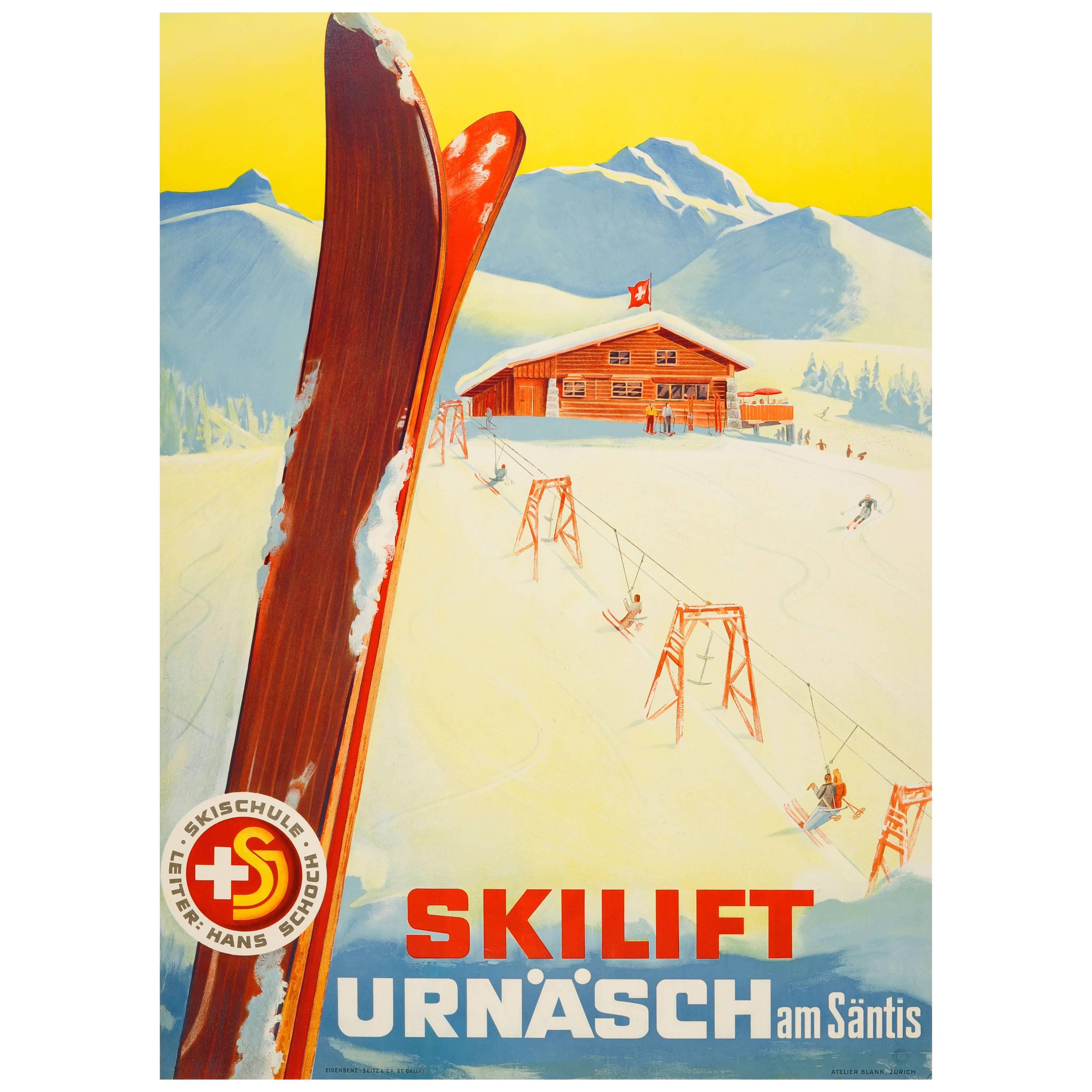 Original Vintage Switzerland Skiing Poster - Skilift Urnash am Santis Skischule