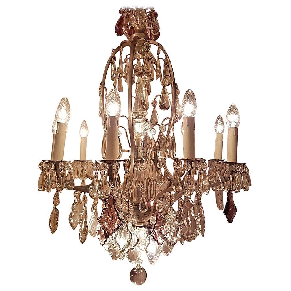 French Chandelier 16-Light Bronze with Silver Patina, Crystals, Large Pinnacle For Sale