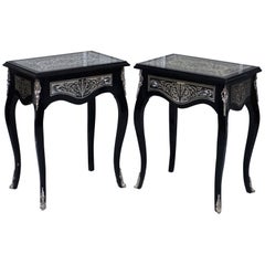 Pair of Black Ebonized French Boulle Louis XV Side Lamp Wine Tables with Drawers