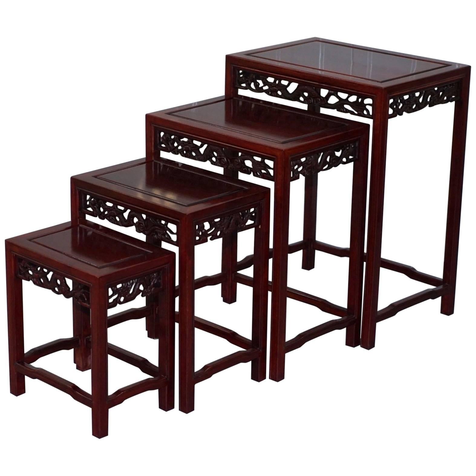 Chinese Vintage Rosewood Dragon Carved Nest of Four Tables