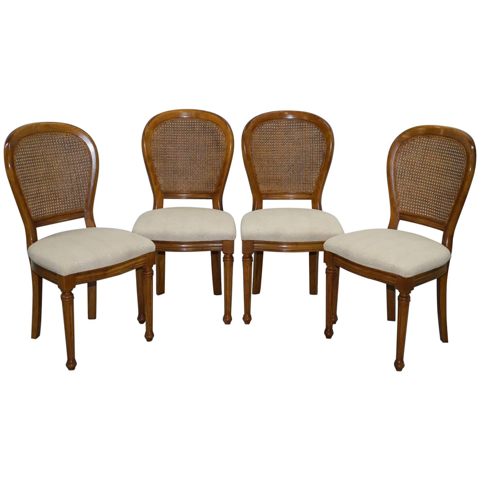 Cherry Wood Grand France Set of Four Berger Rattan Dining Chairs 