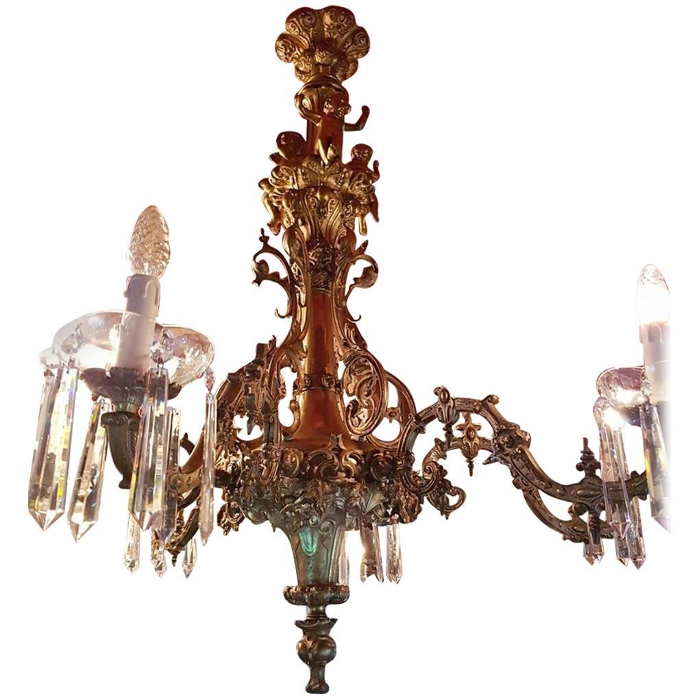 Bronze Chandelier with Angels and Crystals Six-Light For Sale