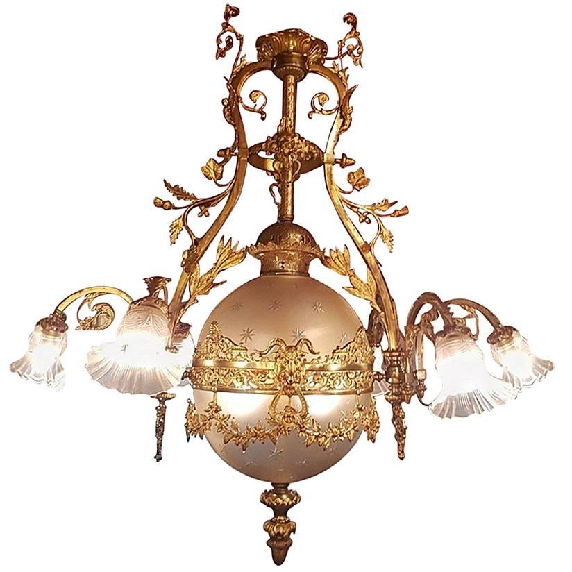 French Bronze Empire Style Chandelier with a Globe of Victorian Cut-Glass For Sale