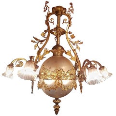 Antique French Bronze Empire Style Chandelier with a Globe of Victorian Cut-Glass