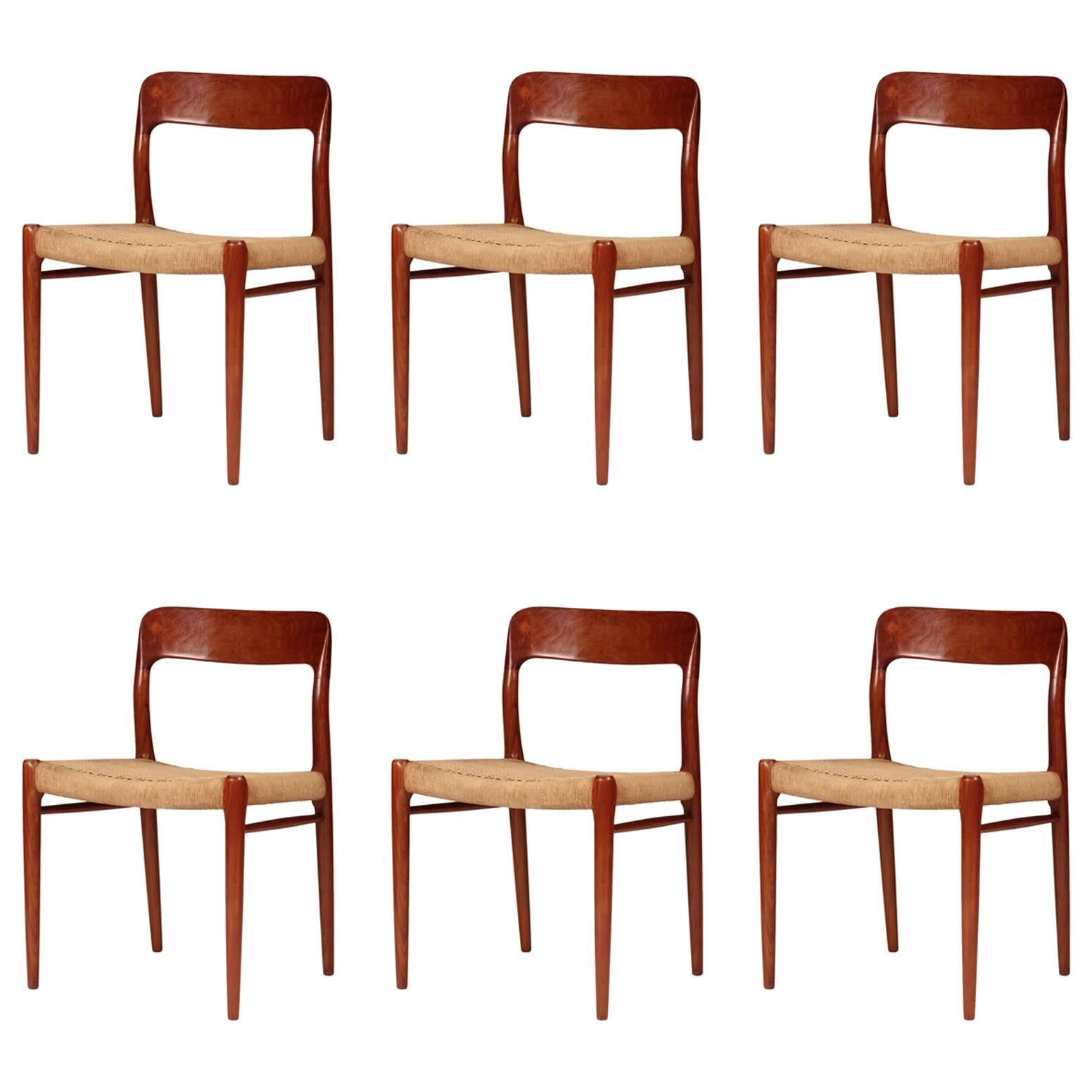 Mid Century Niels Ø. Møller Model 75 Dining Chairs in Teak and Paper Cord