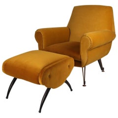 Italian Mid Century Velvet Lounge Chair and footstool, circa 1950s