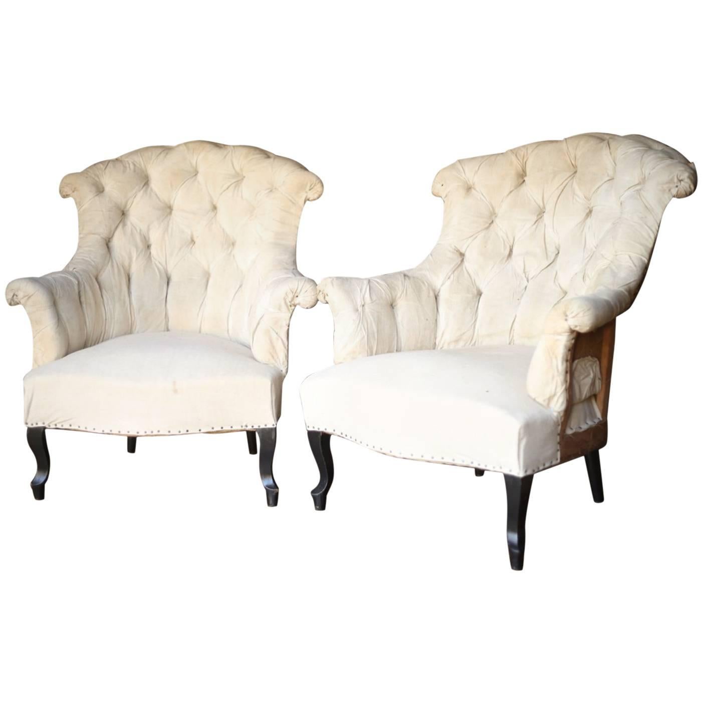 Pair of 19th Century Napoleon III High Backed Buttoned Armchairs